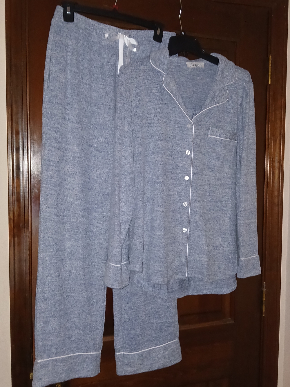 Women's Heather Blue Button-Front Pajama Set with White Piping